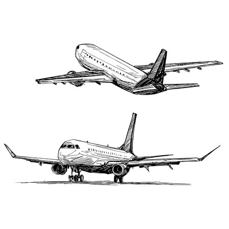 Drawing of the airplane landing at the airport in Vietnamのイラスト素材