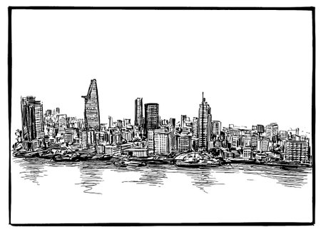 Drawing of the Ho Chi Minh city skyline in Vietnamのイラスト素材