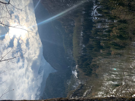 Beautiful view of the waterfall in the mountains on a sunny dayの写真素材