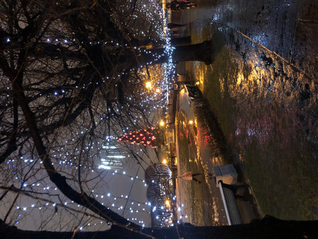 Christmas lights on the streets of Prague at night, Czech Republic.の写真素材