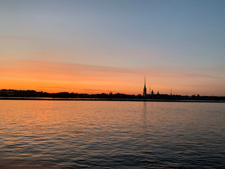 View of the Peter and Paul Fortress at sunsetの写真素材