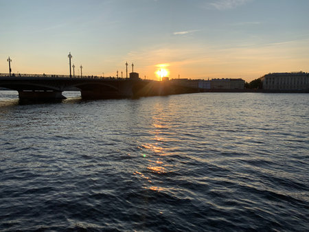 Sunset over Neva River in St.Petersburg, Russiaの写真素材