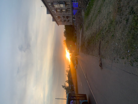 Highway in the city at sunset, Chengdu, Sichuan Province, Chinaの写真素材