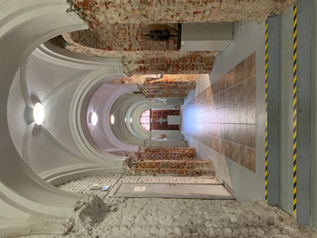 Interior of a new building under construction, view from below.