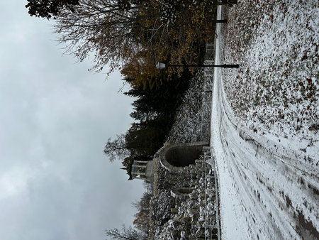 A vertical shot of a stone wall with trees and a cloudy skyの写真素材