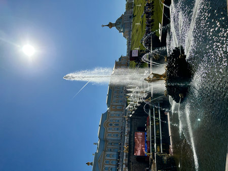 Fountains in the center of St. Petersburg against the blue sky. St. Petersburg, Peterhofの写真素材