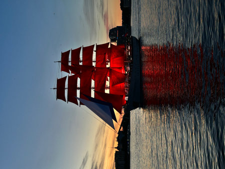 Sailing ship in the sea with red and blue sails on the water. Scarlet Sails, Saint Petersburgの写真素材