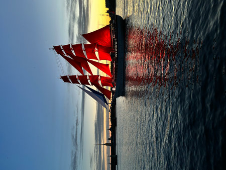 sailing boat in the sea at sunset, closeup of photo. Saint Petersburg, Scarlet Sailsの写真素材