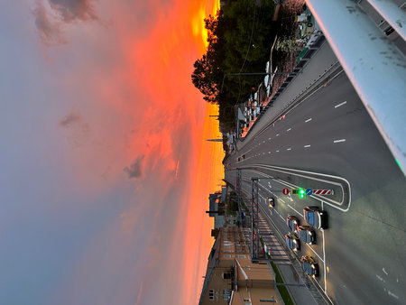 Aerial view of the highway at sunset.の写真素材