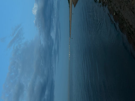 Aerial view of the lake with blue sky and white clouds.の写真素材