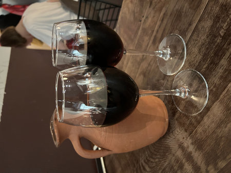 Two glasses of red wine on a table, top view.の写真素材