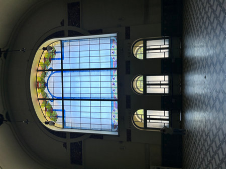 Interior of a building with a blue glass window in the center. Vitebsky railway station, Saint Petersburgの写真素材