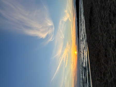 Sunset at the beach in winter. Beautiful sky with clouds. Laskoviy plyazh, Solnechnoye, Saint Petersburgの写真素材