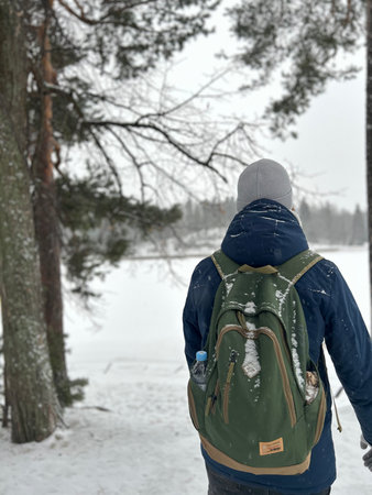 Back view of a man with a backpack walking in the winter forest