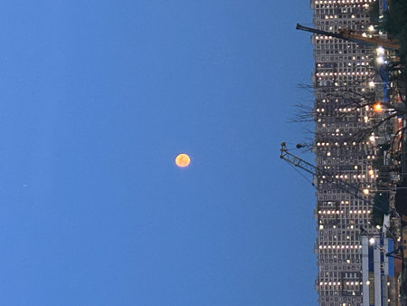New York City Manhattan midtown Manhattan midtown skyscrapers with moonの写真素材