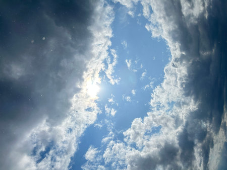 Blue sky with clouds and sun. Nature background. Sky with clouds and sun
