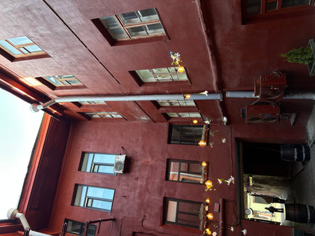 Christmas decorations on a red building in the old town of Gdansk, Polandの写真素材
