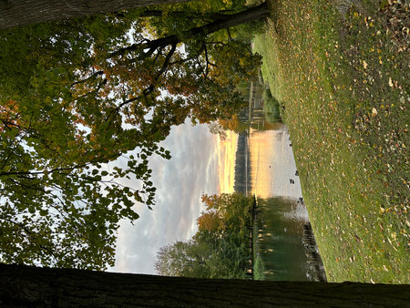 Reflection in the water of a bridge in the park in autumnの写真素材
