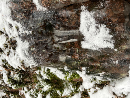 Frozen waterfall in winter forest. Close-up of frozen waterfall.の写真素材