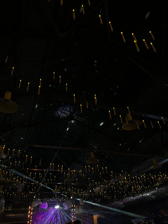 Interior of a night club with lights in the form of lampsの写真素材