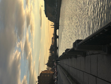 Reflection of the Chain Bridge in the water, Budapest, Hungaryの写真素材