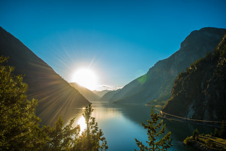 Sun over the lakeの写真素材