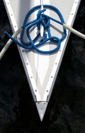 Mooring lines in the stem of a sailing boatの写真素材