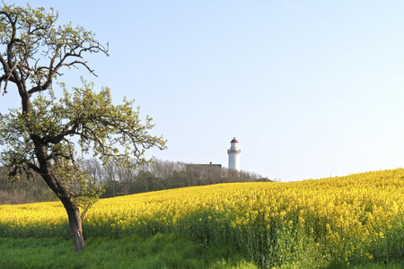 The white lighthouse at Vesborg on the Danish island Samsoe. Copy spaceの写真素材