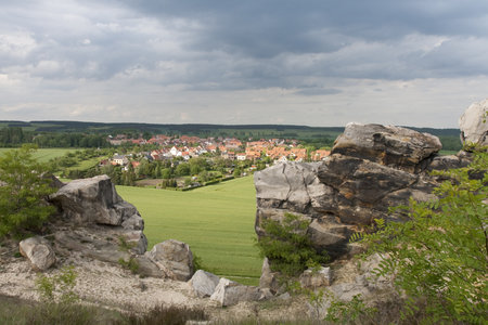 Clouds over the village Weddersleben in the Harz, Germanyの写真素材