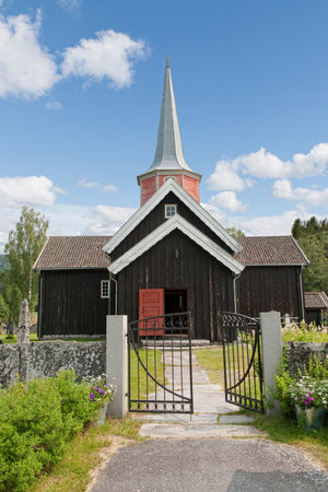 The stave church at Flesberg in the southern part of Norwayの写真素材