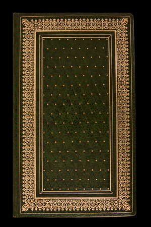 Closeup on a very old book with golden frameの写真素材