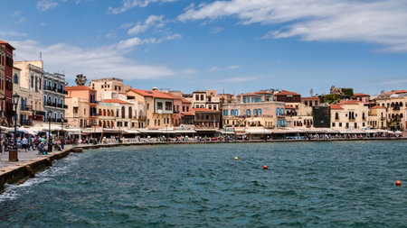 CHANIA, CRETE, GREECE - APRIL 25, 2016: The port at Chaniaのeditorial素材