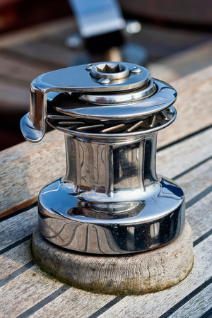 Closeup on a capstan on a sailboatの写真素材