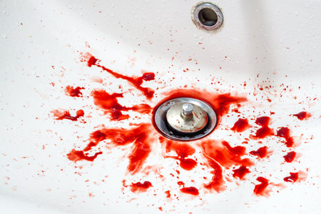 Red blood on the white sink in bathroomの写真素材