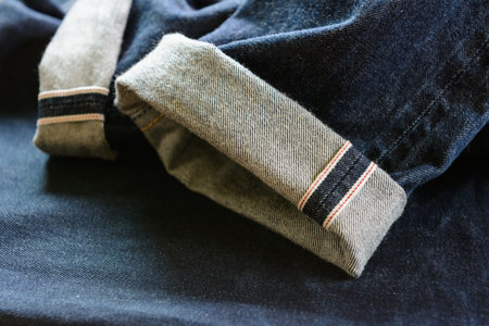 close up of fold hem red selvedge  japan denim on blue jeans background