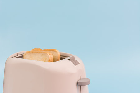 crunchy and hot toast in a toaster on light blue background with copy space. breakfast concept.