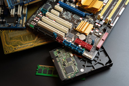 group of old and used computer component part on dark background.  recycle and electronic waste concept.の写真素材