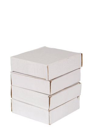 Four white, packing boxes, standing on a white backgroundの写真素材