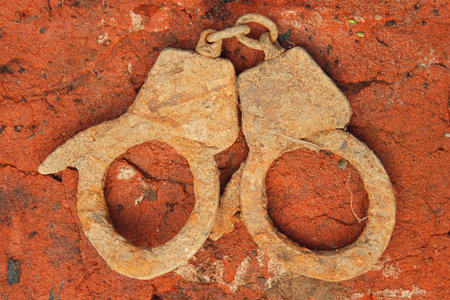 The old, rusted, metal handcuffs on the brick floor