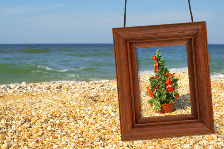 Christmas Tree and photographic frame on the beach