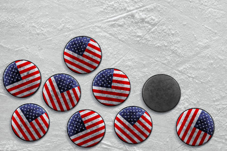Washers lying on a hockey rink. Texture, background の写真素材