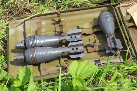 Set mortar shells in a portable box. Reconstruction, closeup