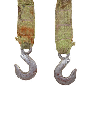 Old alarm car tow rope on a white backgroundの写真素材