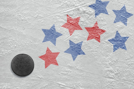 Hockey puck and a schematic representation of the American flag. Concept
