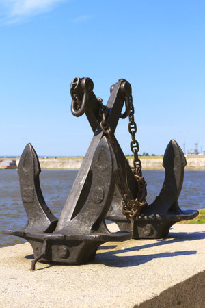 The ship anchored closeup. Texture, background, sea transportの写真素材