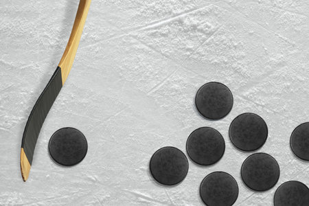 Hockey puck and stick on the ice arena. Texture, background, conceptの写真素材