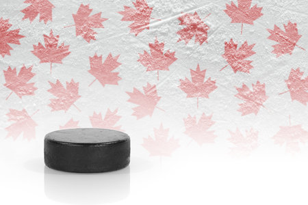 Hockey puck and maple leaves on the ice. Concept, backgroundの写真素材