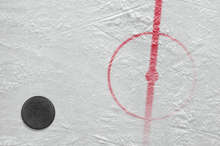 Fragment of ice hockey rink with the puck. Concept, hockeyの写真素材