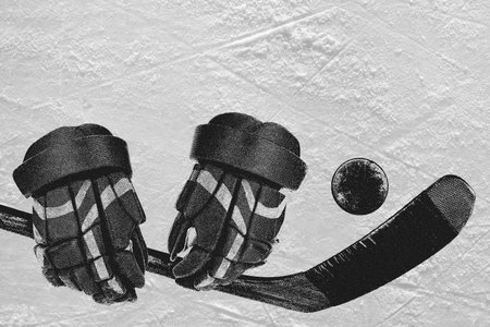 Hockey glove, putter and washer on the hockey field. Concept, art