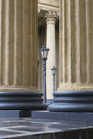 Vintage lanterns and a fragment of the colonnade. Architecture, texture, background